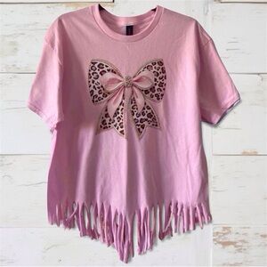 Pink Bow Fringe Tee – Country Glam Style Size L handmade